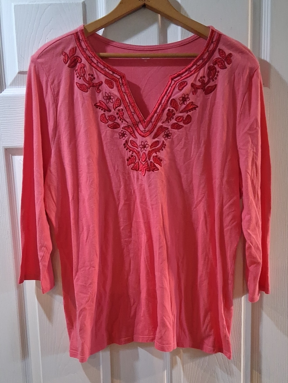 Laura Scott Coral Pink Embroidered V-Neck Tunic